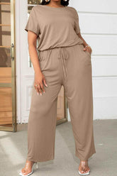Plus Size Drawstring Waist Short Sleeve Jumpsuit women Attire by Trendsi