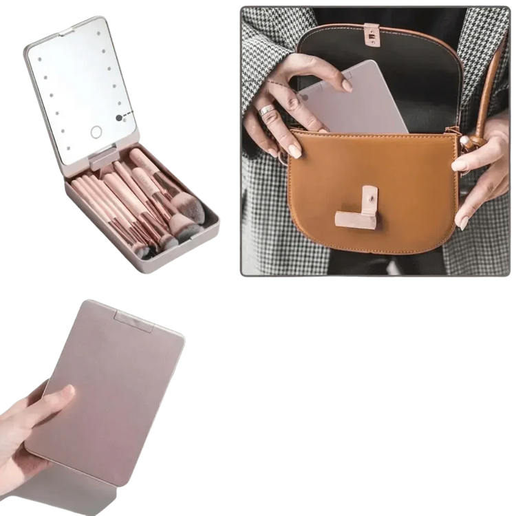 14pcs Travel Makeup Brush Set with LED Light Mirror Makeup by CJ