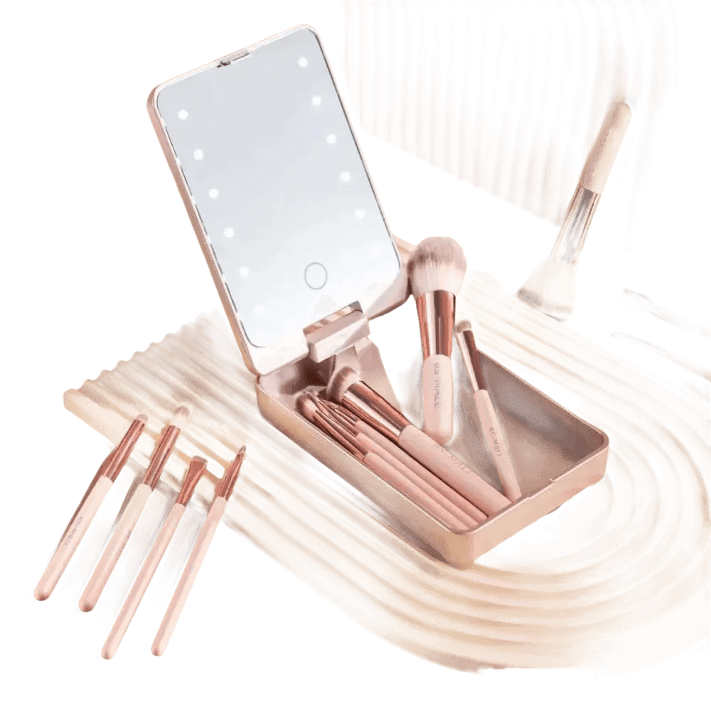 14pcs Travel Makeup Brush Set with LED Light Mirror Makeup by CJ