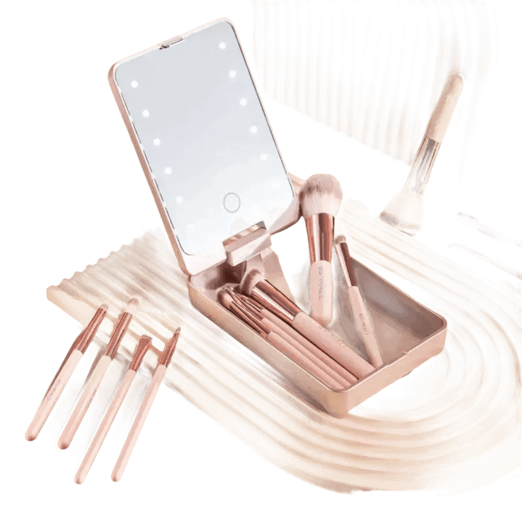 14pcs Travel Makeup Brush Set with LED Light Mirror Makeup by CJ