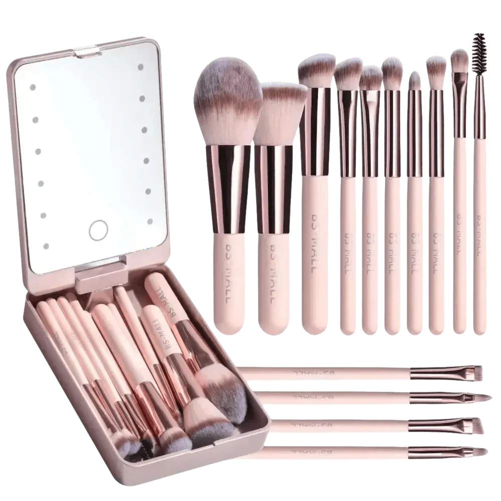 14pcs Travel Makeup Brush Set with LED Light Mirror Makeup by CJ