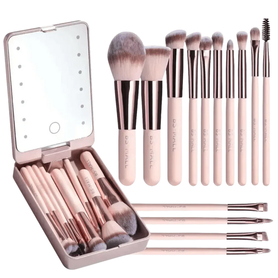 14pcs Travel Makeup Brush Set with LED Light Mirror Makeup by CJ