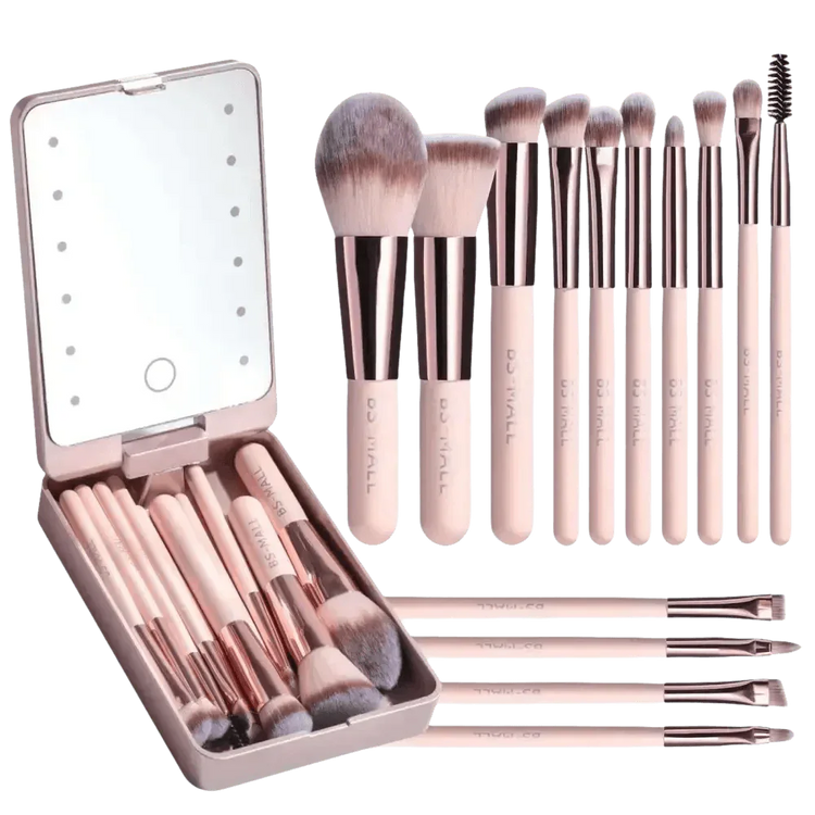 14pcs Travel Makeup Brush Set with LED Light Mirror Makeup by CJ