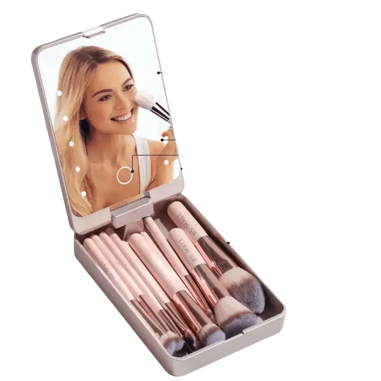 14pcs Travel Makeup Brush Set with LED Light Mirror Makeup by CJ