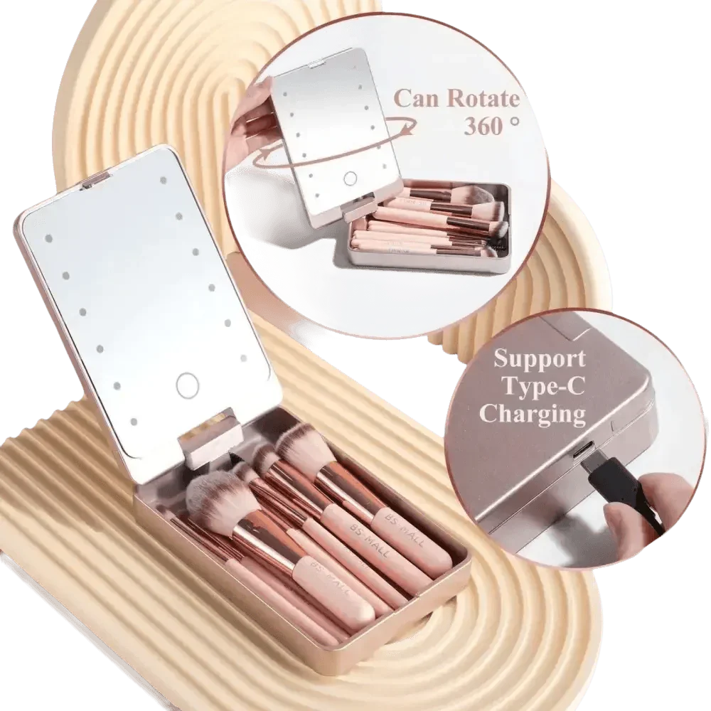 14pcs Travel Makeup Brush Set with LED Light Mirror Makeup by CJ