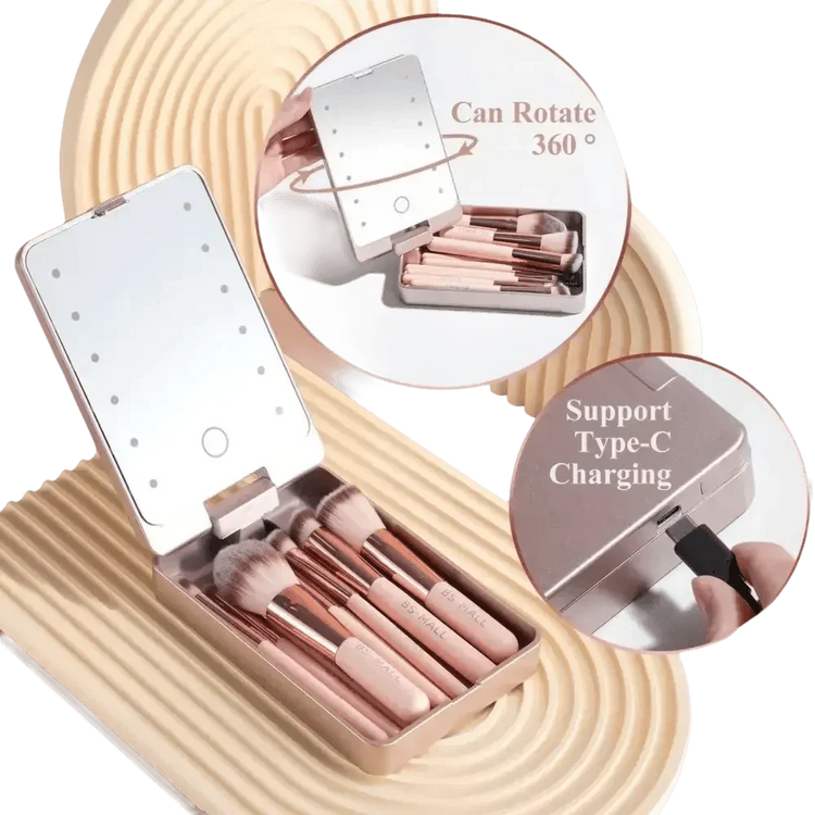 14pcs Travel Makeup Brush Set with LED Light Mirror Makeup by CJ