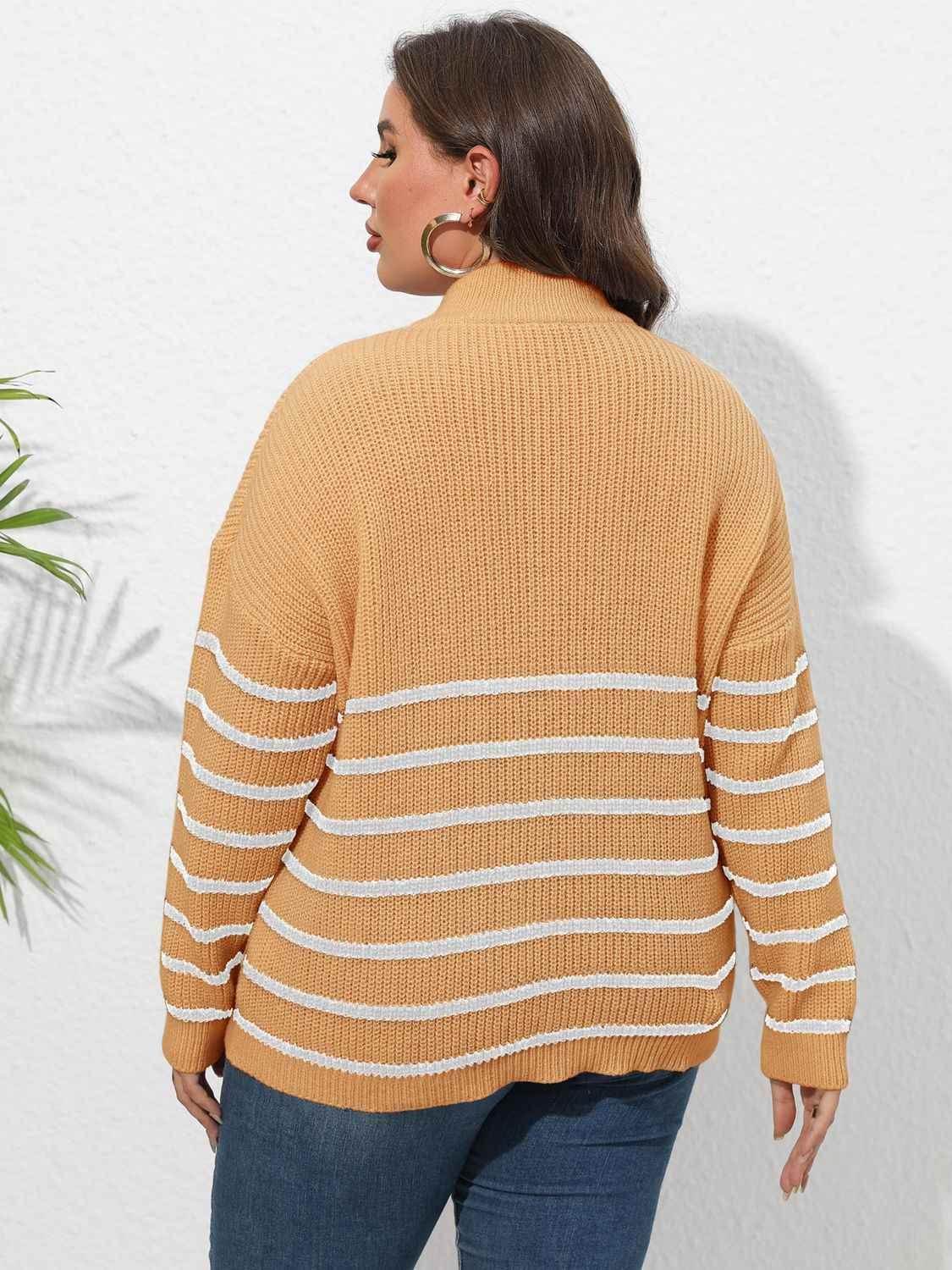 Plus Size Zip-Up Striped Sweater women Attire by Trendsi