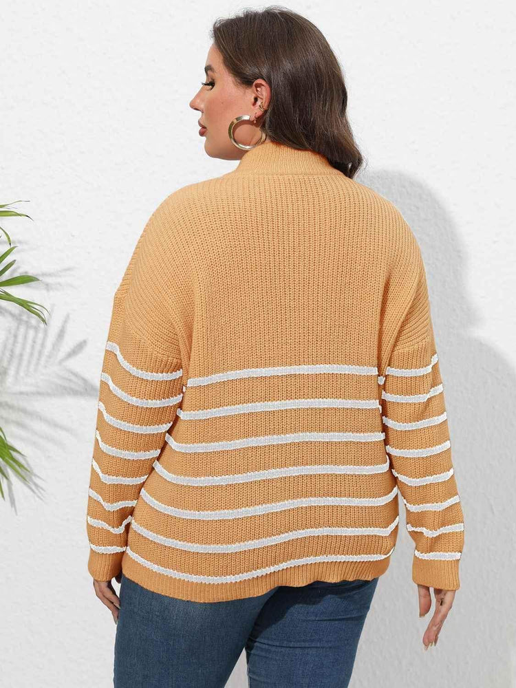 Plus Size Zip-Up Striped Sweater women Attire by Trendsi