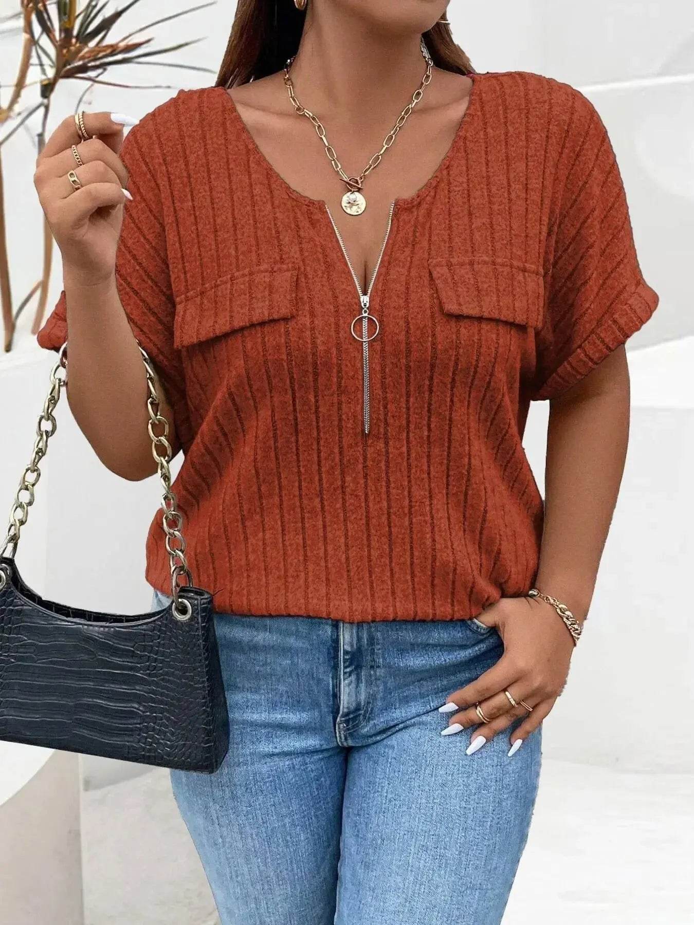 Plus Size Ribbed Half Zip Relaxed Fit T-Shirt women Attire by Trendsi