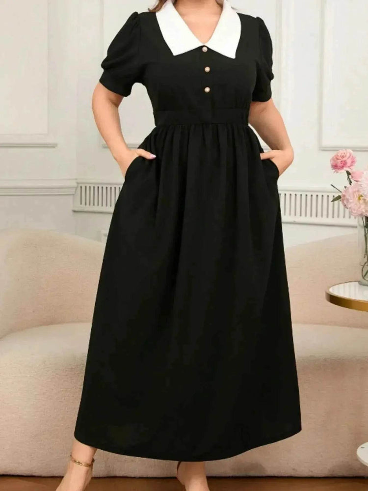 Plus Size Contrast Collar Short Sleeve Dress women Attire by Trendsi