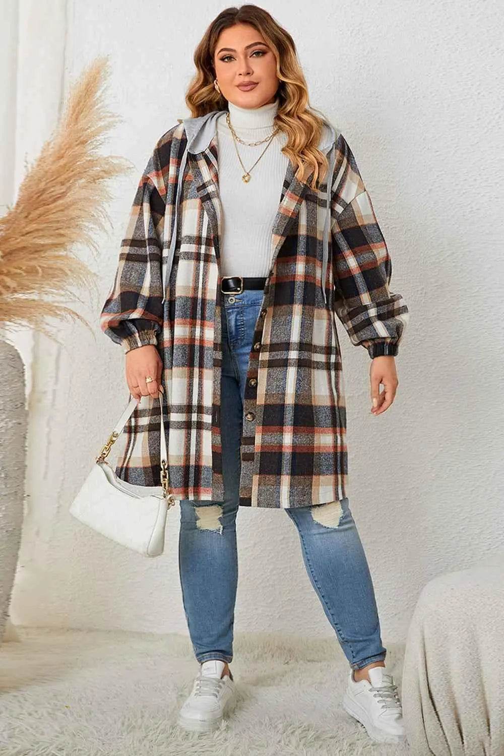 Honey Plus Size Plaid Drop Shoulder Hooded Coat women Attire by Trendsi