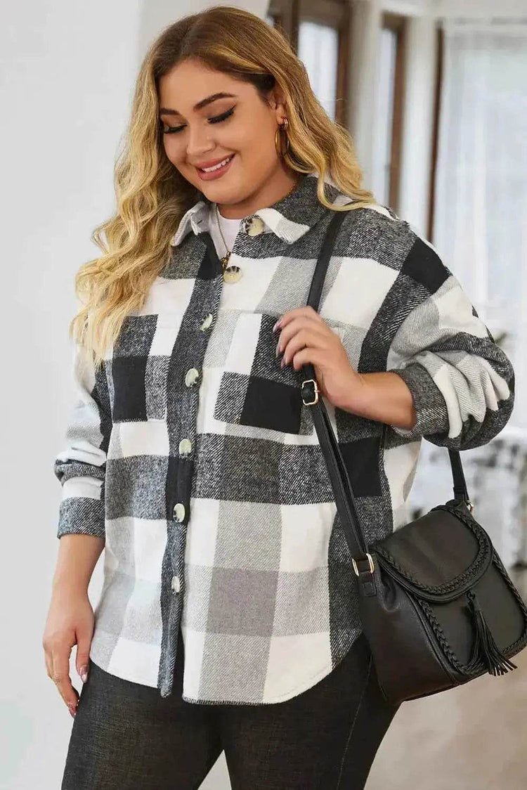Plus Size Plaid Button Up Collared Neck Jacket women Attire by Trendsi