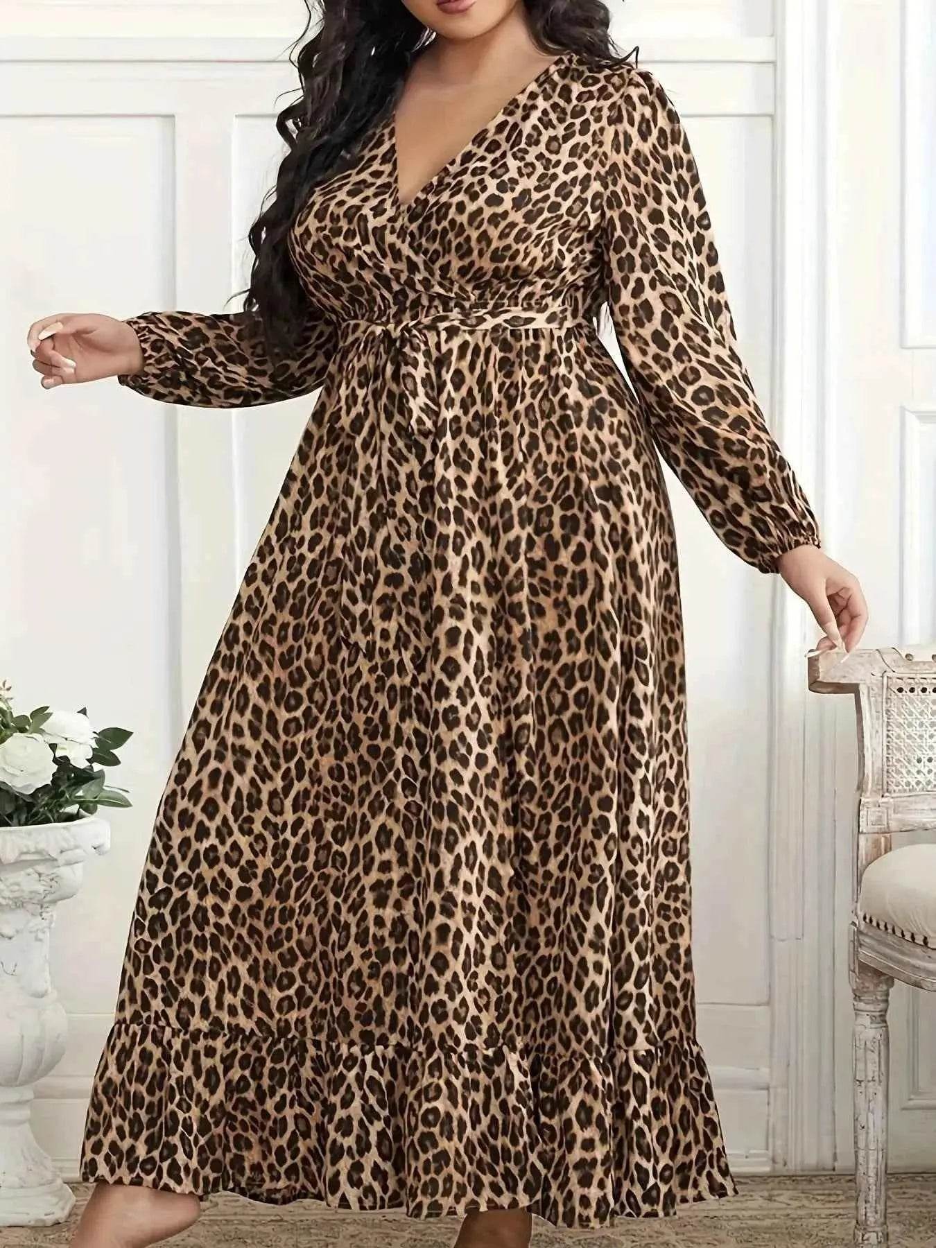 Plus Size Leopard Print Surplice Maxi Dress women Attire by Trendsi