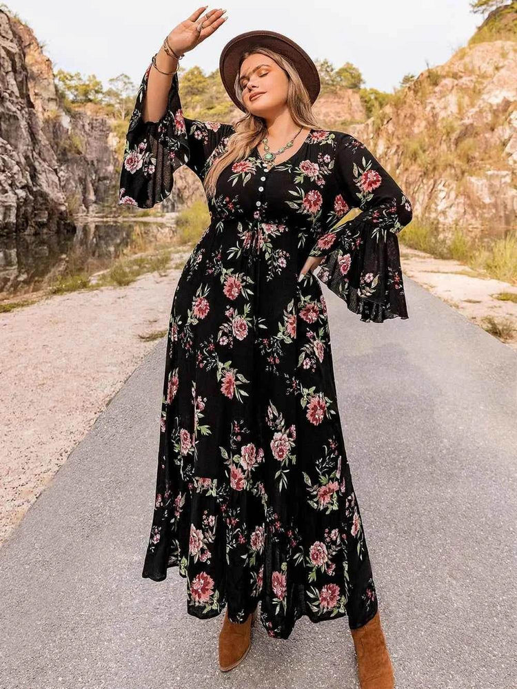 Plus Size Floral Flare Sleeve Dress women Attire by Trendsi