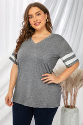 Plus Size Striped V-Neck Tee Shirt women Attire by Trendsi