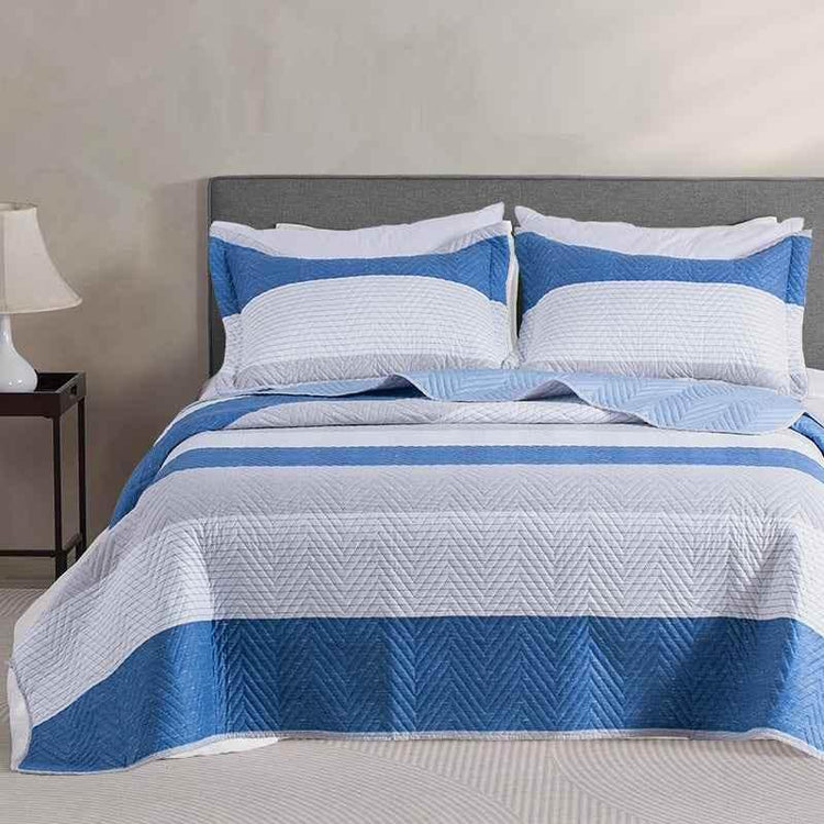Kasentex Lightweight Reversible Stripe Quilt Set Bedding- Sky Blue and Ivory White, Room Decor, Graduation Gifts, Father&