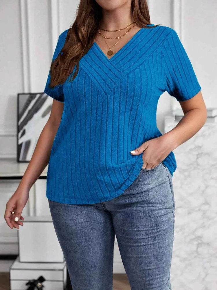 Plus Size V-Neck Short Sleeve Ribbed T-Shirt women Attire by Trendsi