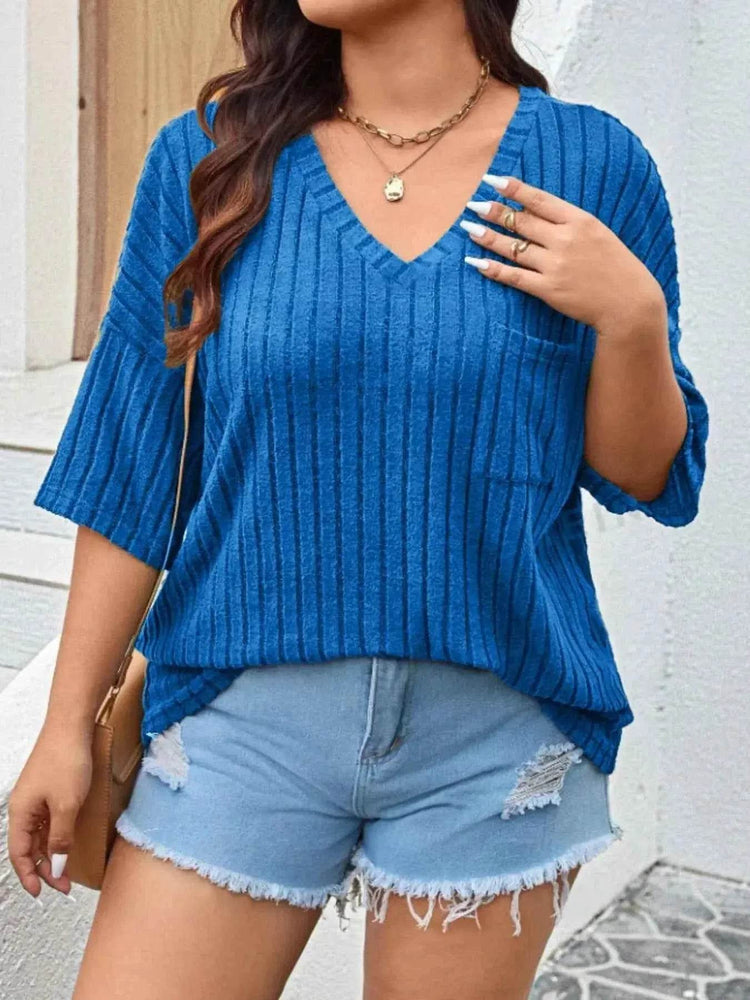 Plus Size V-Neck Ribbed Knit T-Shirt women Attire by Trendsi