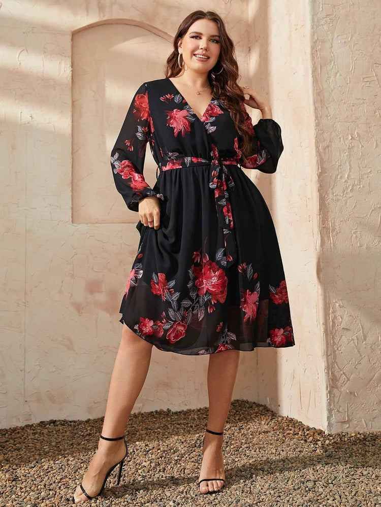 Honey Plus Size Floral Surplice Neck Tie Waist Dress women Attire by Trendsi
