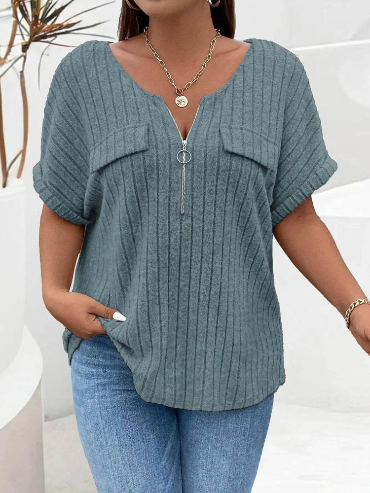 Plus Size Ribbed Half Zip Relaxed Fit T-Shirt women Attire by Trendsi