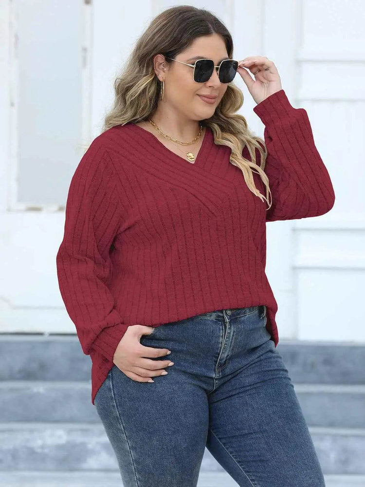 Plus Size Ribbed V-Neck Long Sleeve Top women Attire by Trendsi