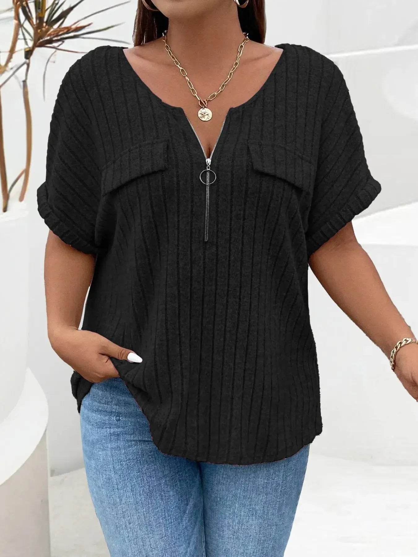 Plus Size Ribbed Half Zip Relaxed Fit T-Shirt women Attire by Trendsi