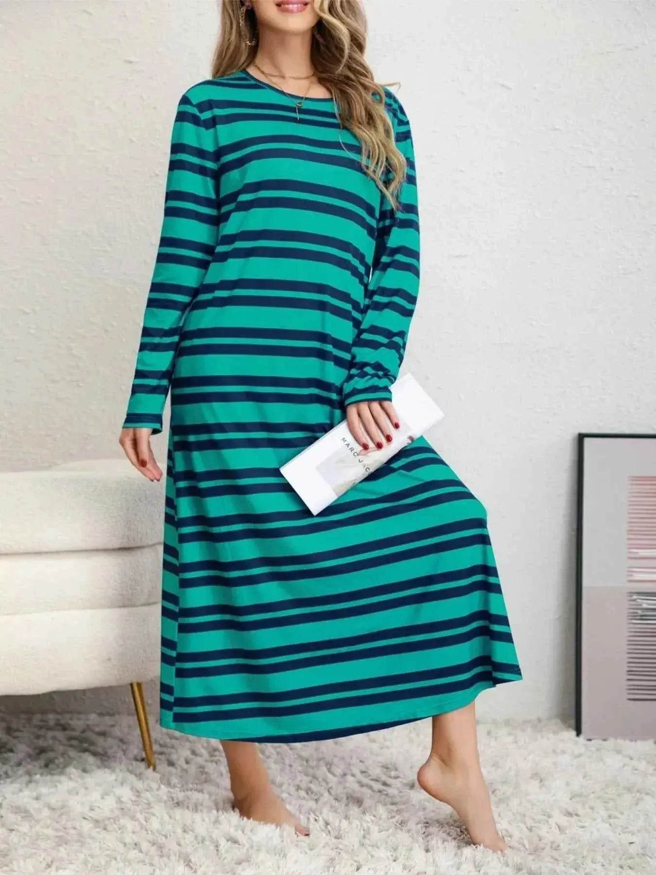 Plus Size Striped Round Neck Long Sleeve Tee Dress women Attire by Trendsi
