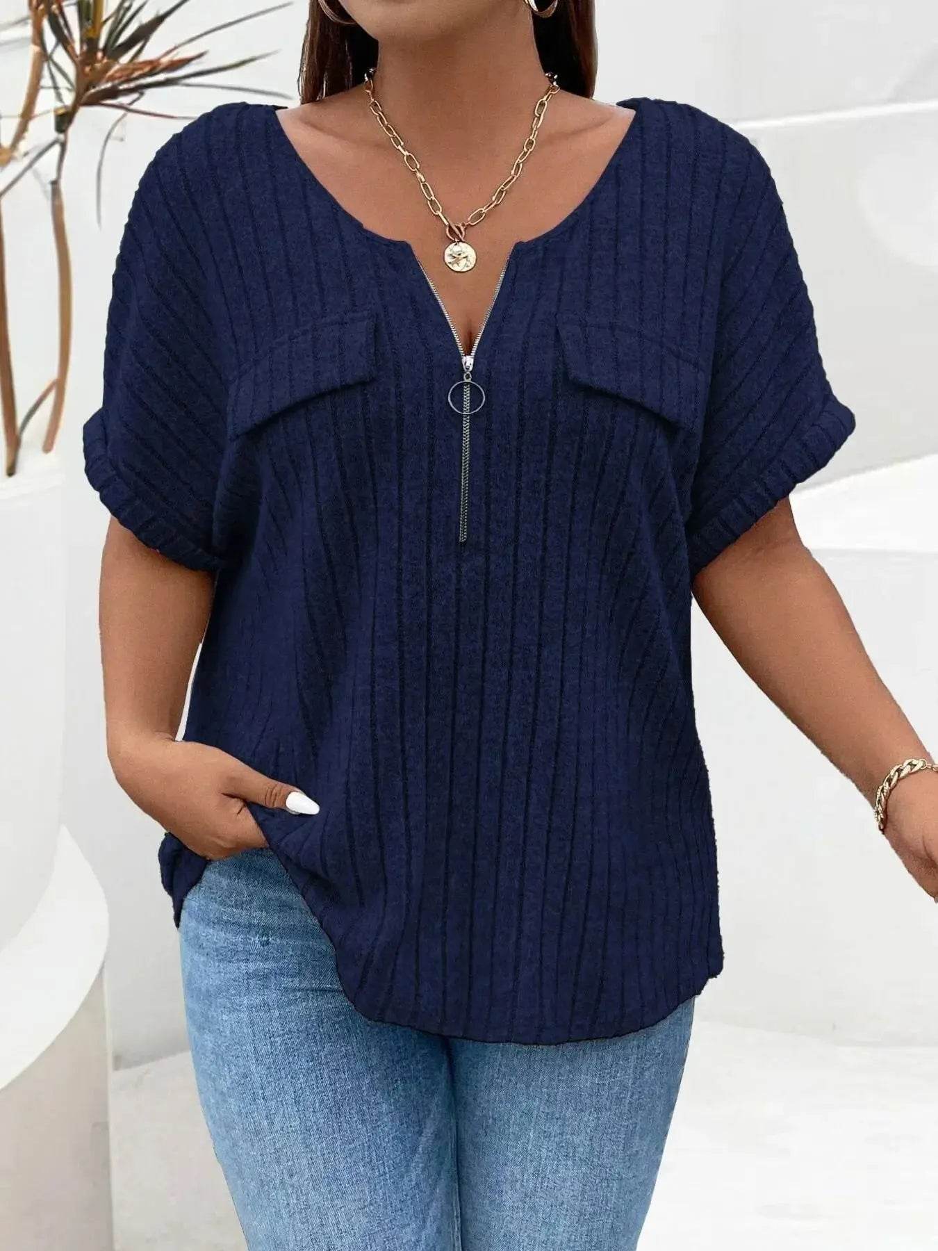 Plus Size Ribbed Half Zip Relaxed Fit T-Shirt women Attire by Trendsi