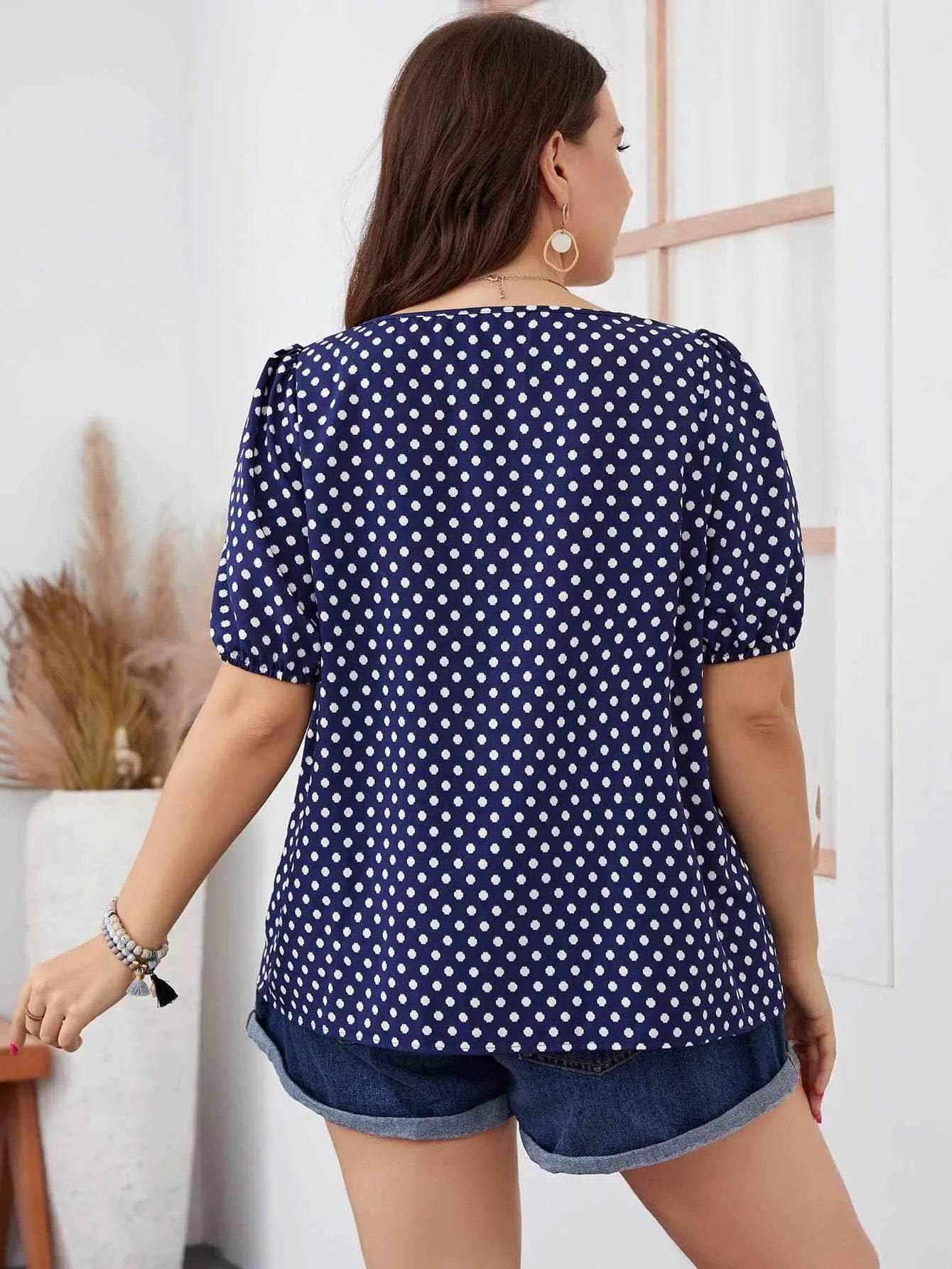 Honey Plus Size Polka Dot Square Neck Blouse women Attire by Trendsi