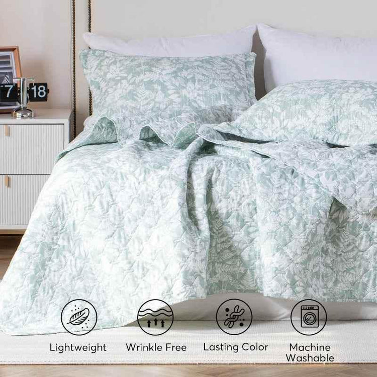 Kasentex Lightweight Botanical Green Floral Quilt Set - Light All Season Bedding, Room Decor, Graduation Gifts by Kasentex