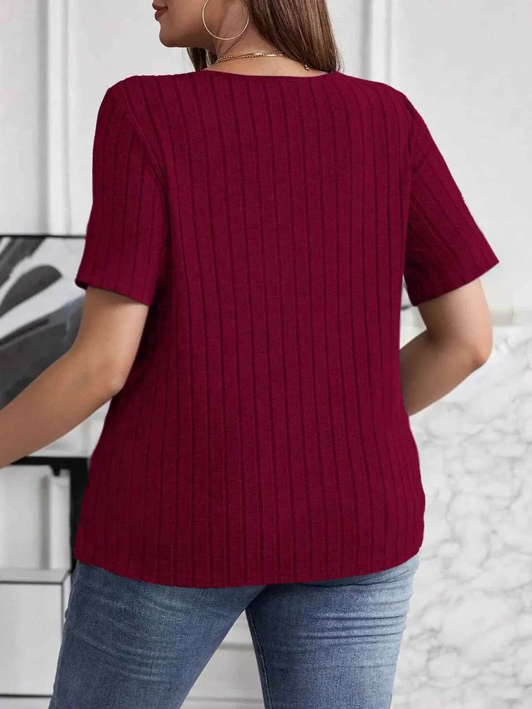 Plus Size V-Neck Short Sleeve Ribbed T-Shirt women Attire by Trendsi