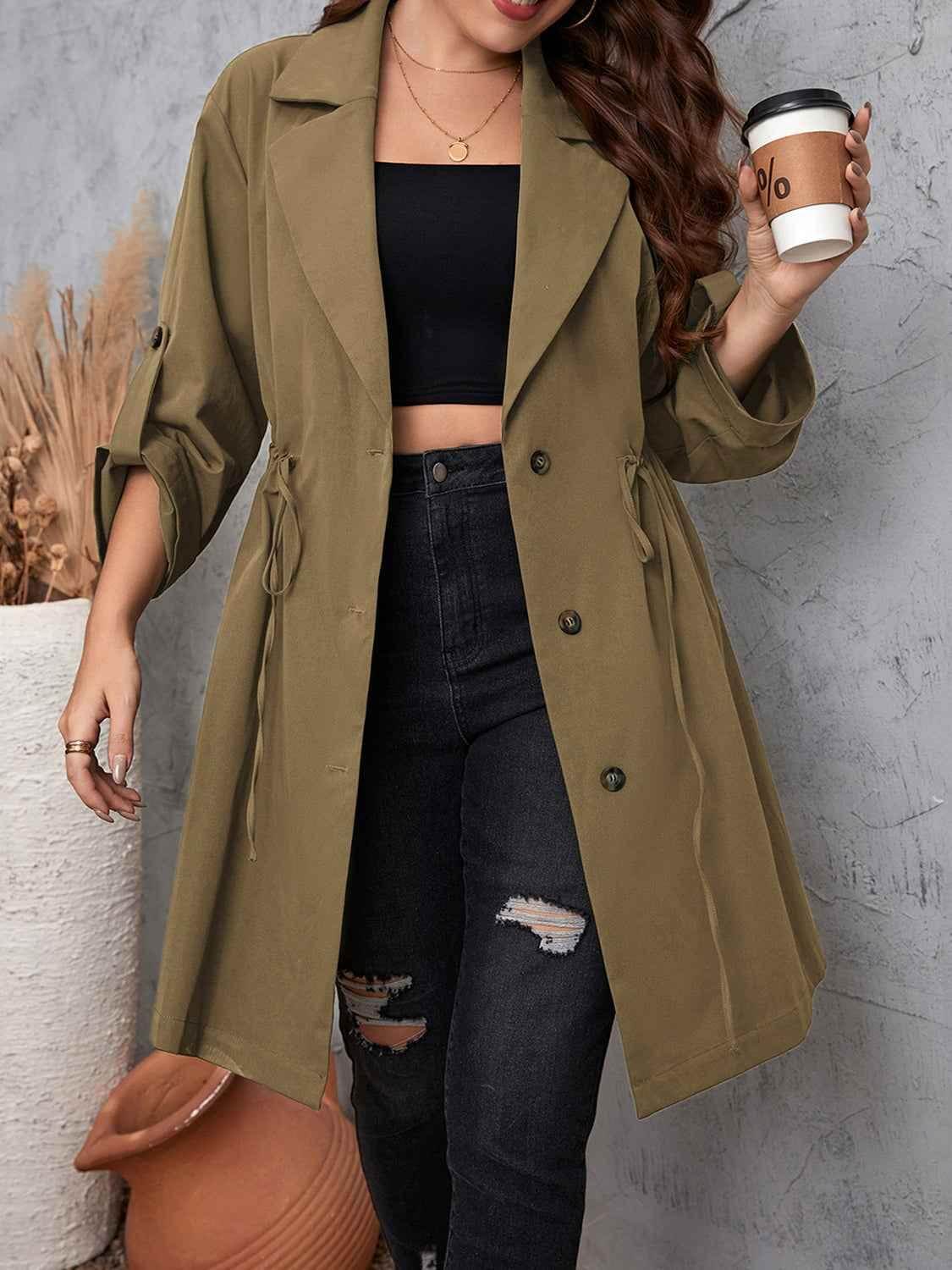 Honey Plus Size Lapel Collar Drawstring Roll-Tab Sleeve Trench Coat women Attire by Trendsi