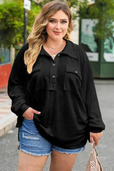 Plus Size Half Button Collared Neck Long Sleeve Blouse women Attire by Trendsi