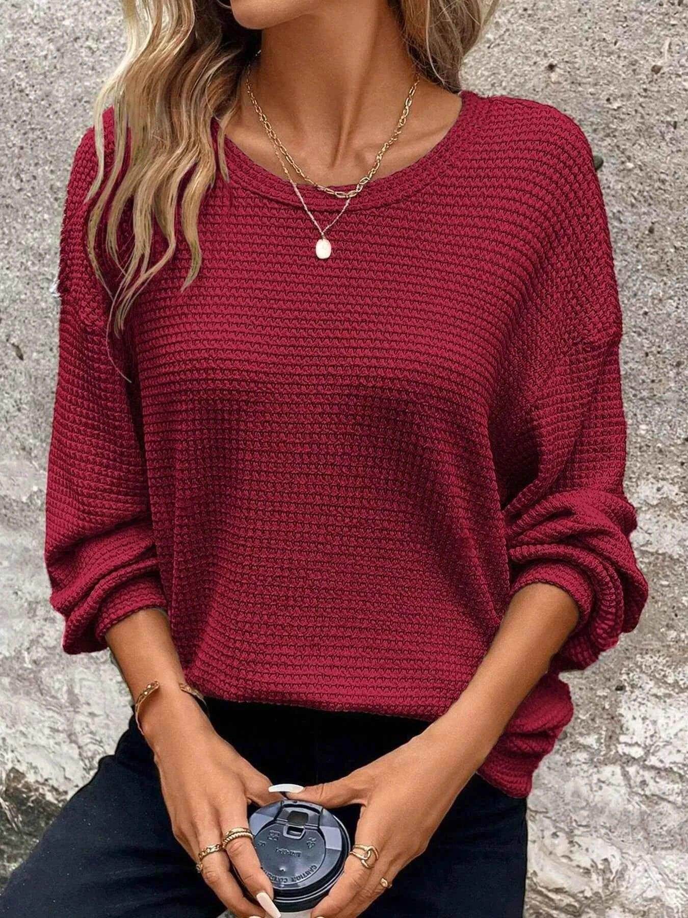 Plus Size Relaxed Fit Waffle Knit Round Neck T-Shirt women Attire by Trendsi
