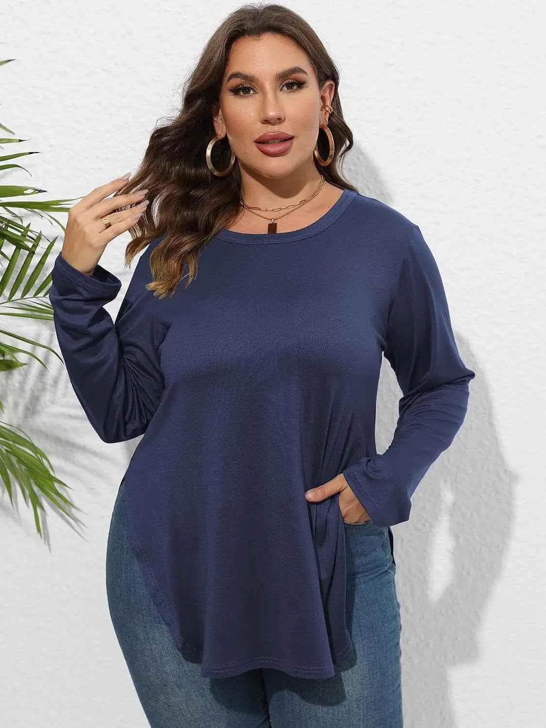 Plus Size Round Neck Long Sleeve Slit T-Shirt women Attire by Trendsi