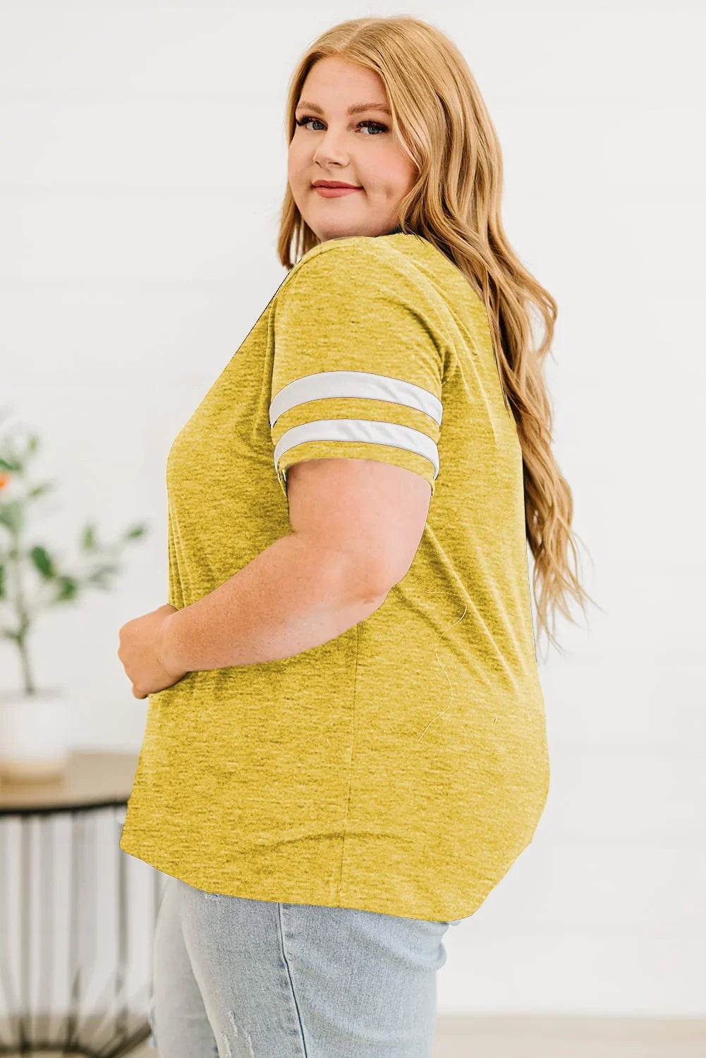 Plus Size Striped V-Neck Tee Shirt women Attire by Trendsi