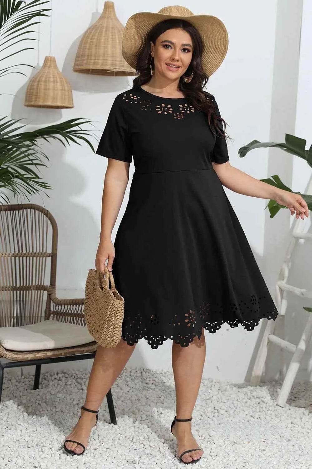 Plus Size Round Neck Openwork Dress women Attire by Trendsi