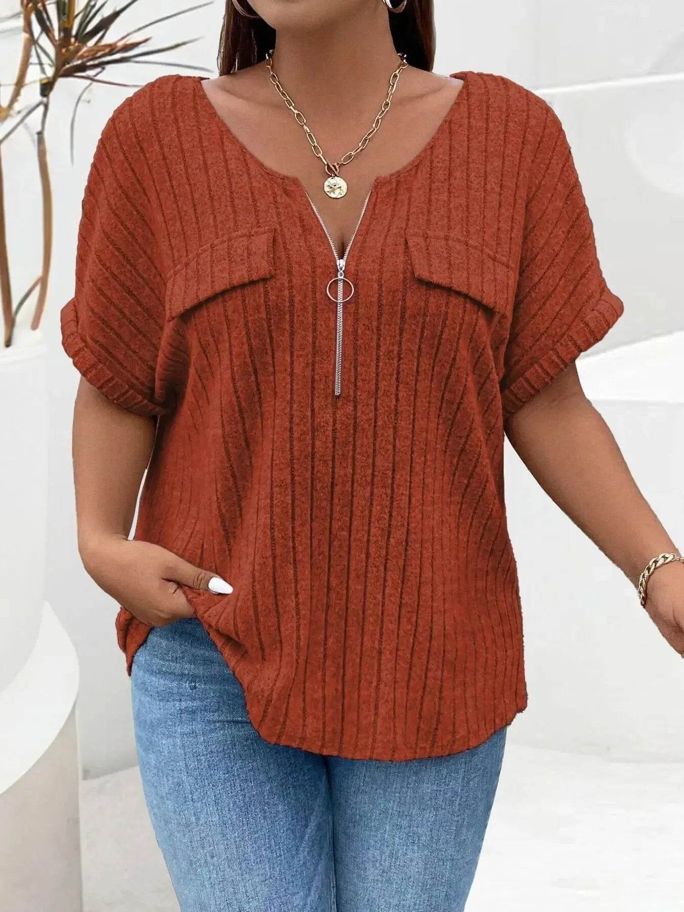 Plus Size Ribbed Half Zip Relaxed Fit T-Shirt women Attire by Trendsi