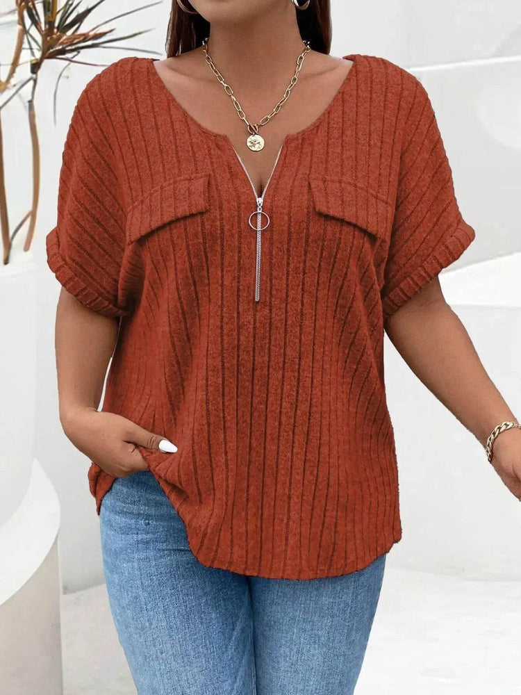 Plus Size Ribbed Half Zip Relaxed Fit T-Shirt women Attire by Trendsi