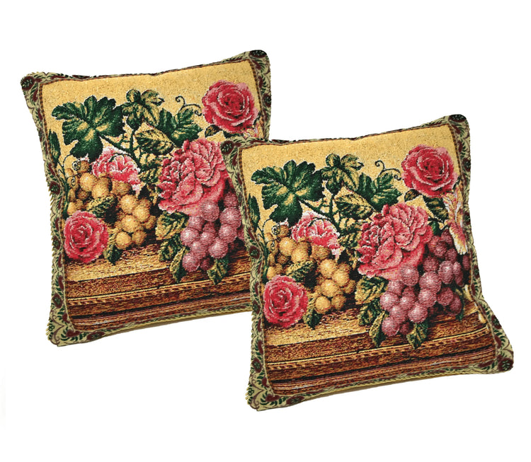 DaDa Bedding Set of 2-Pieces Parade Fruit & Roses Garden Tapestry Throw Pillow Covers w/ Inserts - 18" x 18" Pillows by DaDalogy Bedding Collection