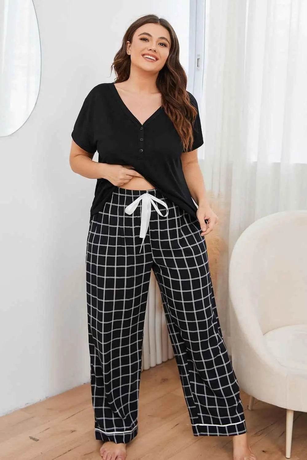 Plus Size V-Neck Top and Plaid Pants Lounge Set women Attire by Trendsi