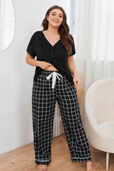Plus Size V-Neck Top and Plaid Pants Lounge Set women Attire by Trendsi