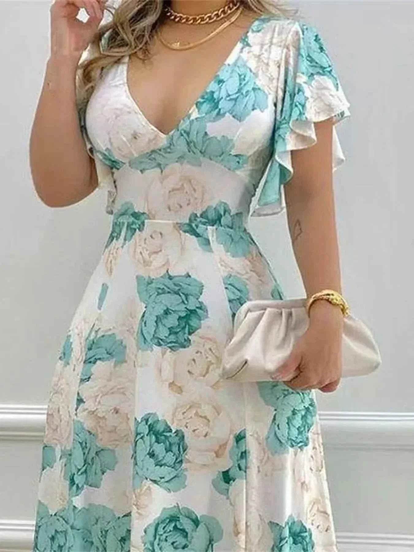 Plus Size Floral Print V-Neck Maxi Dress with Flutter Sleeves women Attire by Trendsi