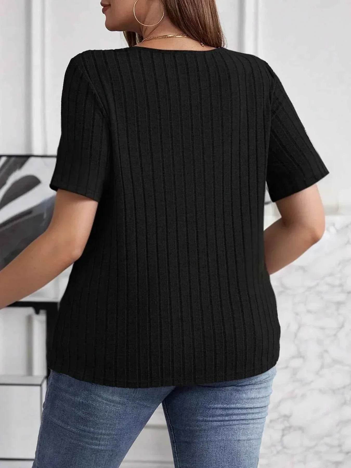 Plus Size V-Neck Short Sleeve Ribbed T-Shirt women Attire by Trendsi