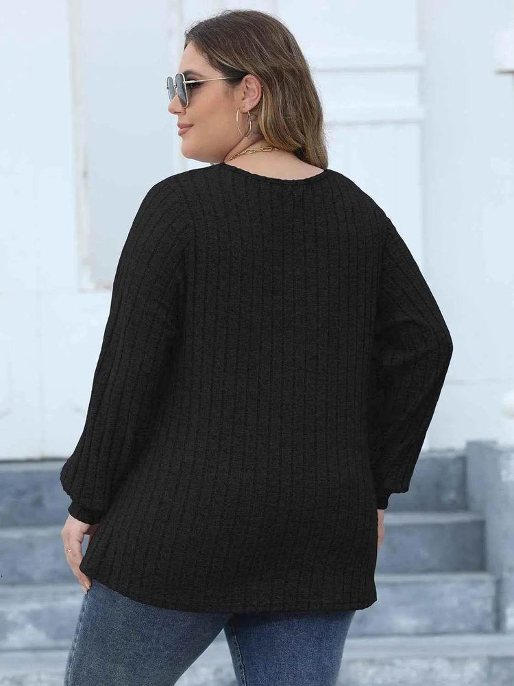 Plus Size Ribbed V-Neck Long Sleeve Top women Attire by Trendsi