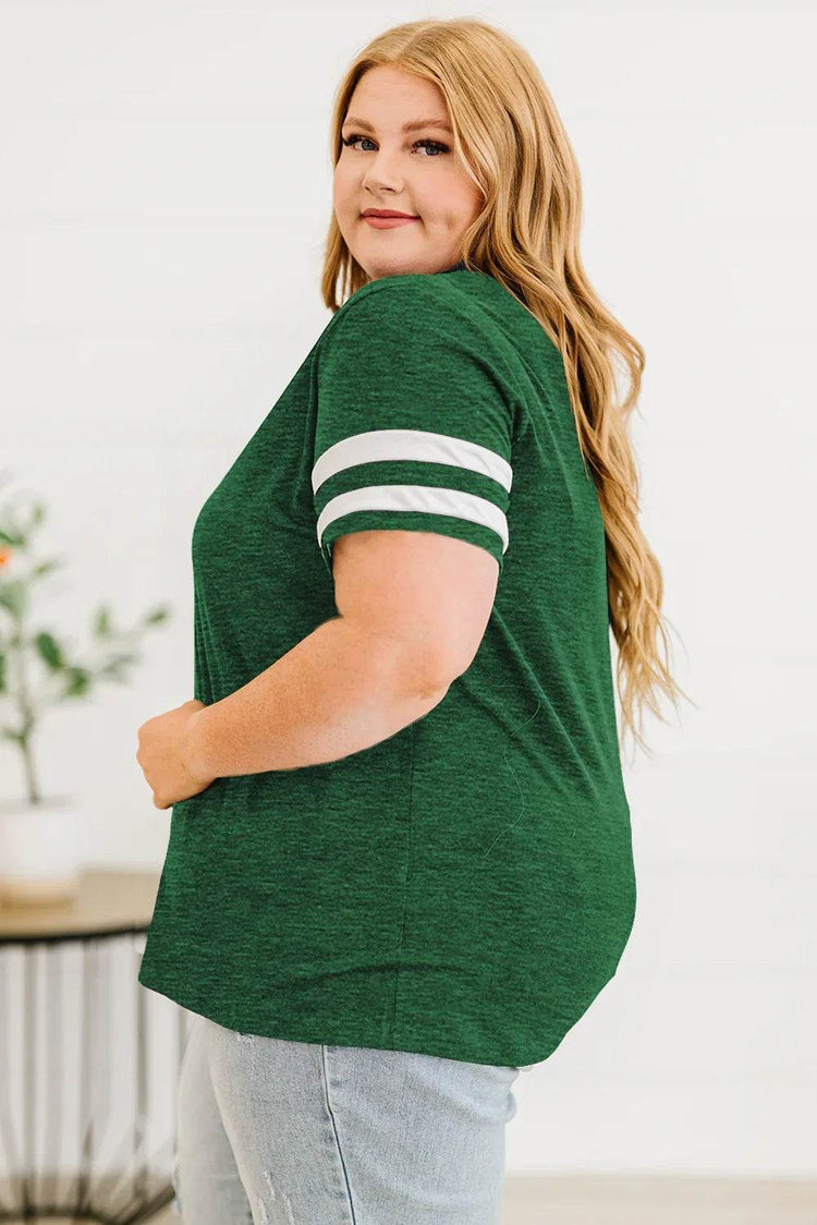 Plus Size Striped V-Neck Tee Shirt women Attire by Trendsi