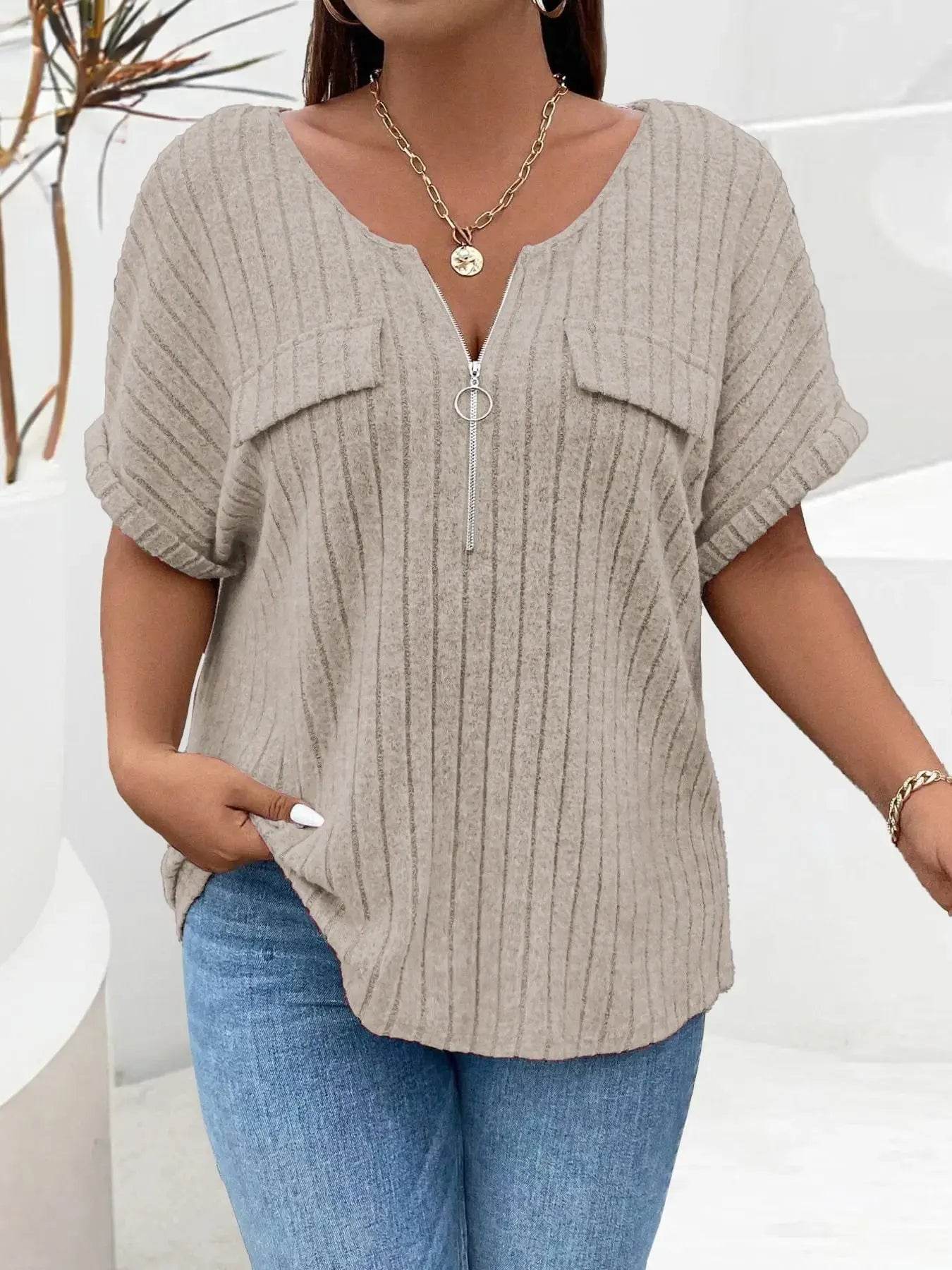 Plus Size Ribbed Half Zip Relaxed Fit T-Shirt women Attire by Trendsi