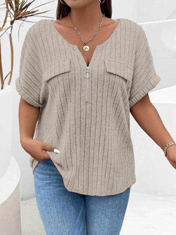 Plus Size Ribbed Half Zip Relaxed Fit T-Shirt women Attire by Trendsi