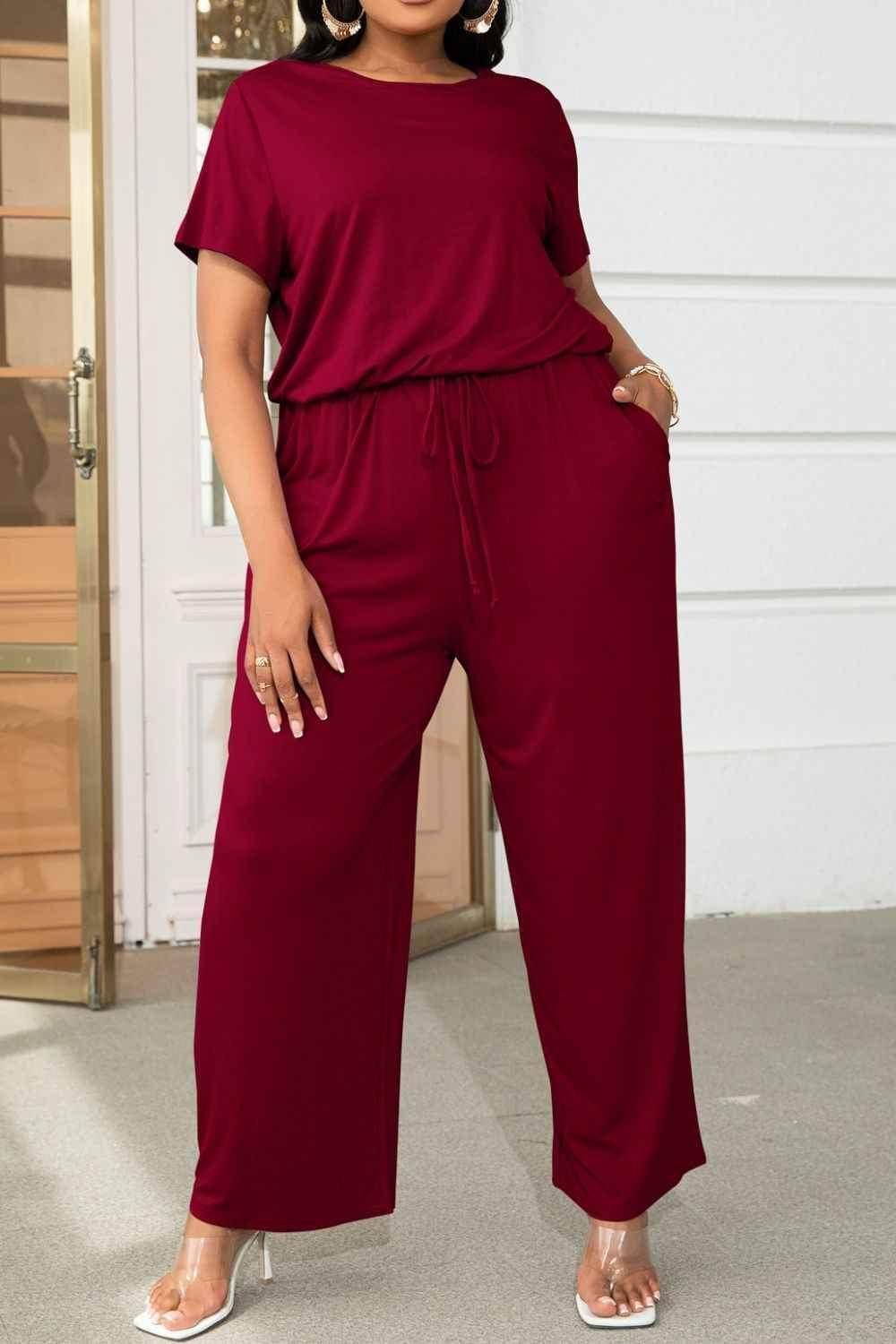 Plus Size Drawstring Waist Short Sleeve Jumpsuit women Attire by Trendsi