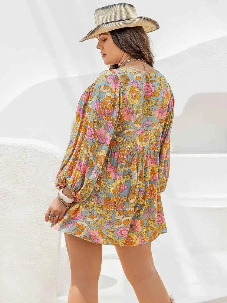 Plus Size Floral Tie Neck Balloon Sleeve Romper women Attire by Trendsi